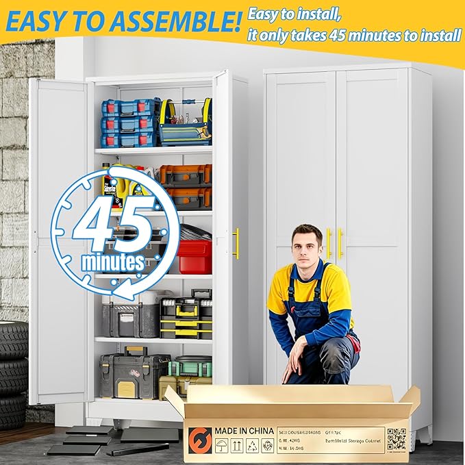 PAOFIN 71" Metal Storage Cabinet with 2 Doors and 4 Adjustable Shelves,White Metal Garage Storage Cabinets, File Cabinet,Steel Tool Cabinets for Home,Office,Garage,School,Warehouse
