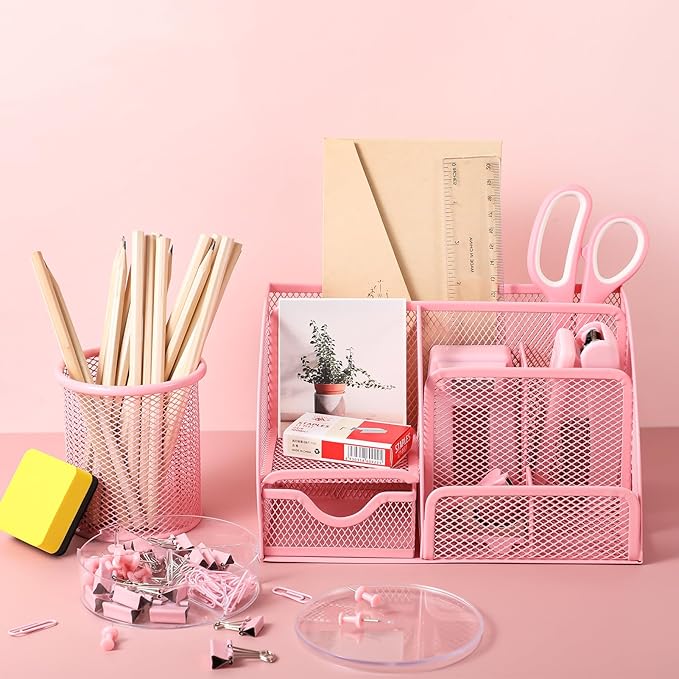 auroray Pink Desk Organizers and Accessories, Pink Office Supplies Include Mesh Desk Organizer, Tape Dispenser, Stapler, 1000 Staples, Staple Remover, Pen Holder, Clips Set, Ruler, Scissors