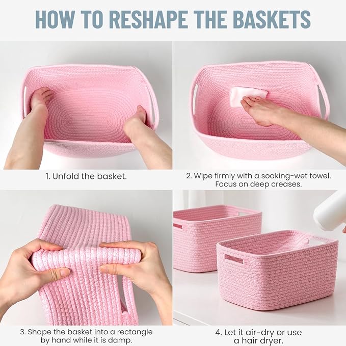 5 Pack Woven Storage Baskets for Shelves Organizing, Decorative Cotton Rope Organization Storage Bins for Toy, Book, Towel, Clothes, Closet, Nursery, Bathroom & Home Decor, Pink