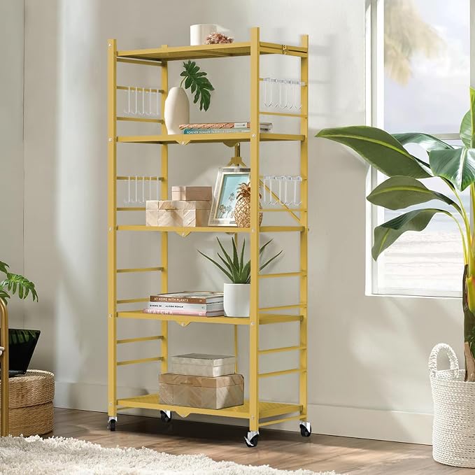 Himix 5-Tier Foldable Storage Shelves with 20 Hooks Wheels Bookshelf Gold | Folding shelving units, Metal collapsible organization, Wire shelf, No assembly, Garage, Home room, Greenhouse, Holds 440 Ibs