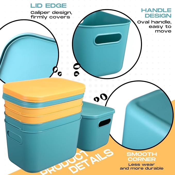 8 Pieces Colorful Storage Bins with Lid, Plastic Storage Basket Organizing Container Stackable Box with Handle for Shelves Desktop Playroom Office(10.2 x 7 x 6.3 Inch,Green and Yellow)