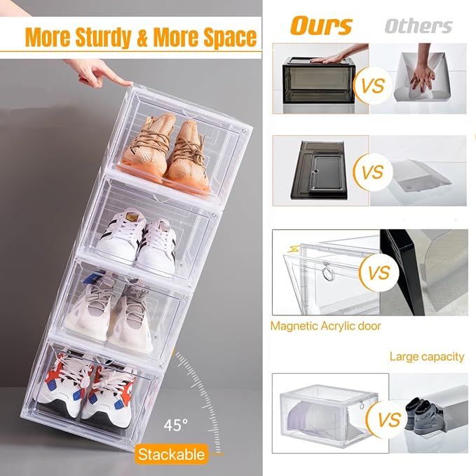 Attelite Clear Shoe Storage Boxes Stackable Shoe Organizer,Black,9Pack | Shoe Box for Entryway Closet,Drop Front Shoe Box X-Large,Thicken & Sturdy Plastic,Magnetic Door,Easy Assembly Shoe Cabinet