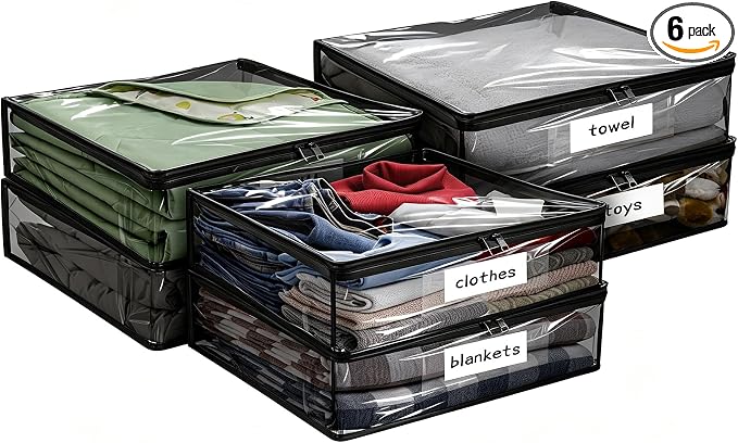 Kikerike Plastic Storage Bags with Easy-Glide Zipper, Pack of 6, Durable Clear Vinyl Zippered Storage Bags for Clothes Sweaters Comforters Blankets Sheets Bedding (15.7 x 13.8 x 2.5 Inch, Black)
