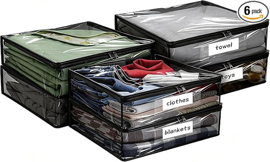 Kikerike Plastic Storage Bags with Easy-Glide Zipper, Pack of 6, Durable Clear Vinyl Zippered Storage Bags for Clothes Sweaters Comforters Blankets Sheets Bedding (15.7 x 13.8 x 2.5 Inch, Black)
