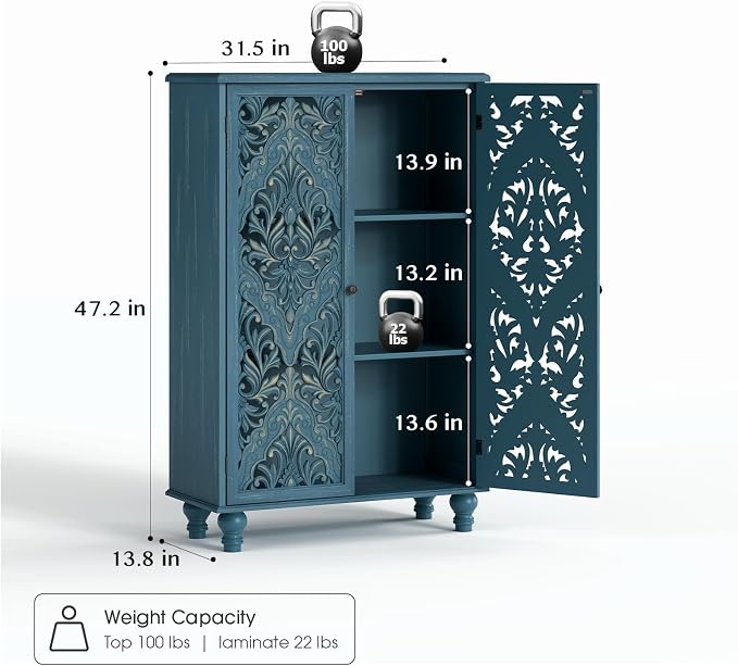 JOINICE 47" Tall Accent Cabinet with Carved Doors & Storage for Living Room | Vertical Storage for Dining Room,Bedroom, Carved Floral Design, Farmhouse & Rustic Style, Adjustable Shelves, Easy Assembly