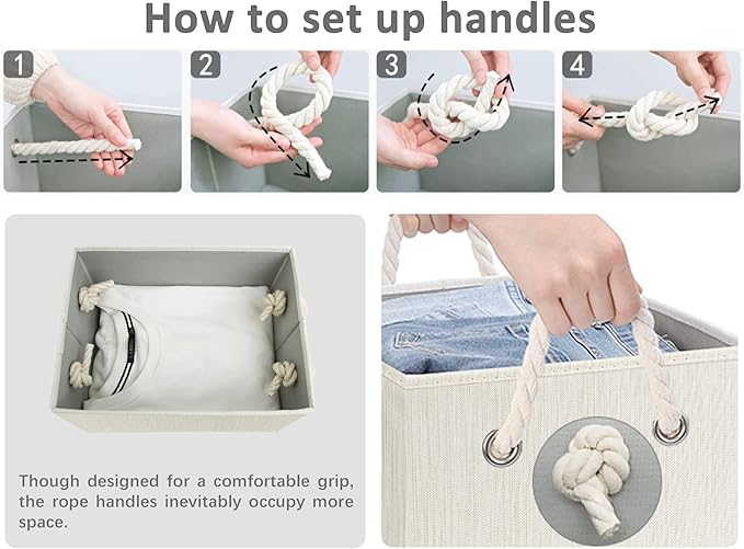 StorageWorks Storage Bins with Lids, Decorative Storage Boxes with Soft Rope Handles, Foldable Stackable Storage Baskets for Closet, Shelves, 3-Pack, Ivory and White, Medium