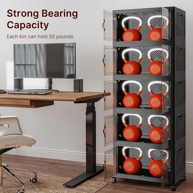 UAMFURI Stackable Storage Bins with Lids, 240QT Lockable Storage Cabinet | Folding Storage Box with Doors and Wheels, Collapsible Plastic Drawers for Home, Garage, Office