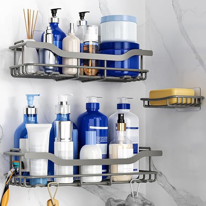 OMAIRA 3-Pack Shower Caddy with Soap Holder, Adhesive Rustproof No-drill Strudy Loading Inside Shower Organizer Shelves Rack Storage Bathroom Organization for Smooth Wall Glass Tile, Grey (XX-Large)