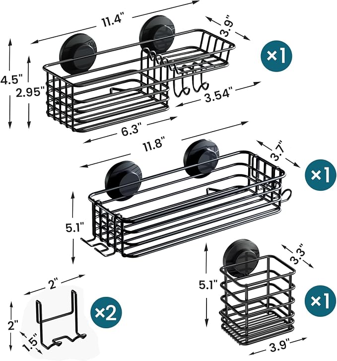 TAILI Shower Caddy Suction Cup, 3 Pack Shelves for Inside with Hooks & Soap Holder Toothbrush Cups, Removable Bathroom Organizer, Rustproof Black Shelves