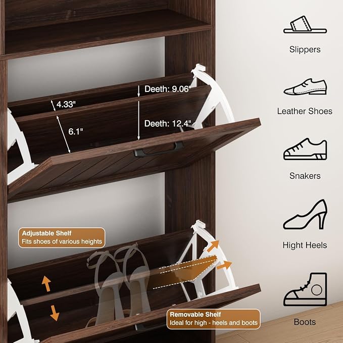 Hidden Shoe Storage Cabinet with 4 Flip Drawers & Open Storage | Farmhouse Modern Shoes Rack Cabinet,Adjustable Shelves ,Narrow Slim Shoe Organizer for Front Door Entrance, Entryway, Walnut