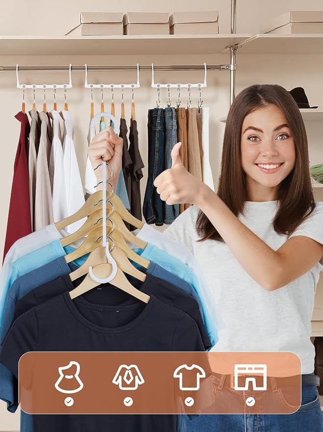 HOUSE DAY Space Saving Hangers 8 Pack, Closet Organizers and Storage | College Dorm Room Essentials with 5 Holes, Multi Hangers in One Magic Multipurpose Hangers Cascading and Sturdy - White