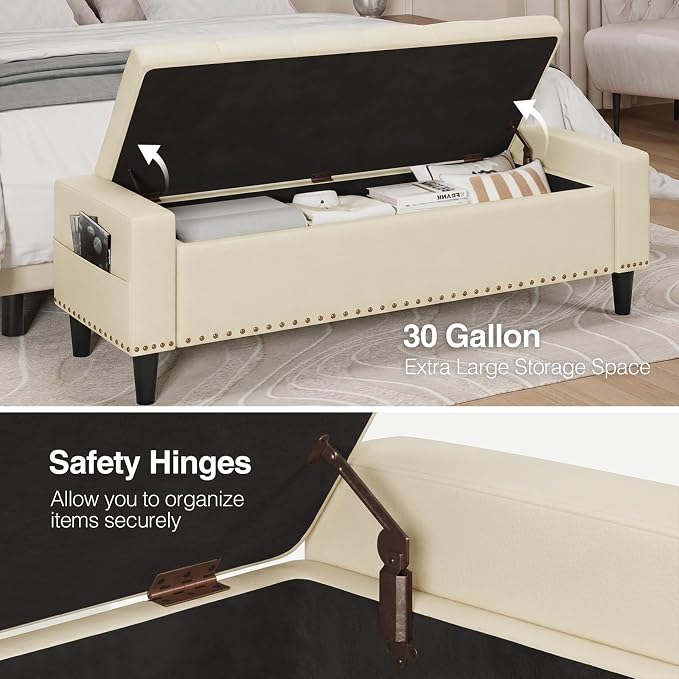 60" Storage Ottoman Bench, Faux Leather Upholstered Bed Bench with Tufted Buttons and Nailhead Trim, Large Ottoman with Storage for King Size End of Bed, Bedroom, Entryway, Hallway (Cream White)