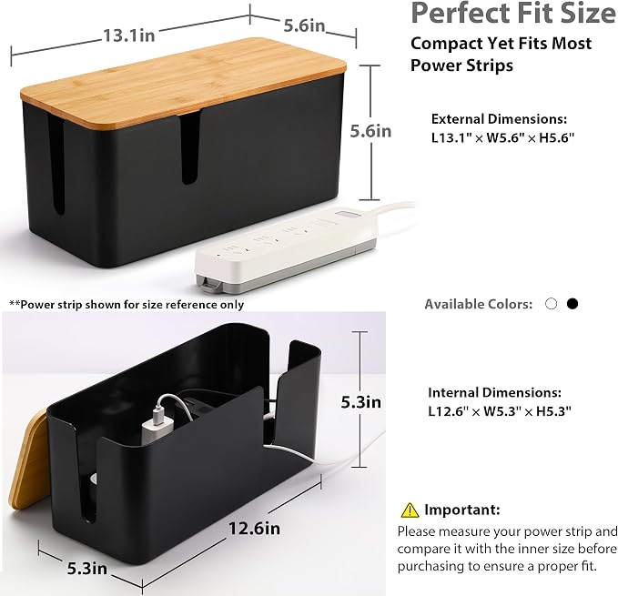 ZhiYo Large Cable Management Box, Thick ABS Power Strip Organizer, Black | Extra-Tall Design for Oversized Adapters, Natural Bamboo Lid, Fits Power Strips Up to 12.5" Long, Ideal for Desks, TV Areas