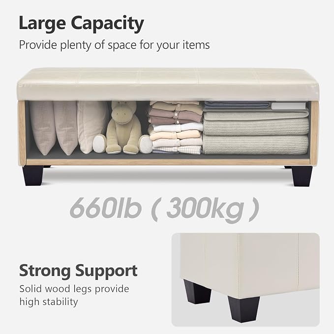 41.5 Inch Cream White Faux Leather Storage Ottoman Bench for Bedroom | 2.8 cu ft hidden storage,660 lbs weight capacity,soft padded seat,solid wood legs for indoor home use