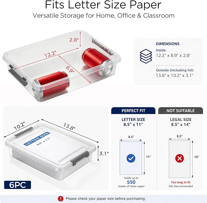 Citylife 6 PCS Clear Plastic Container Clip Box with Latching Lids, Stackable Document Paper Protectors Organizer Container for Office, Home, and School Supplies