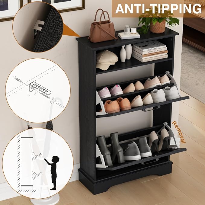 24" W Hidden Shoe Storage Cabinet with 2 Flip Drawers & Open Storage | Farmhouse Modern Shoes Rack Cabinet,Adjustable Shelves, Narrow Slim Shoes Organizer for Front Door Entrance, Entryway,Black