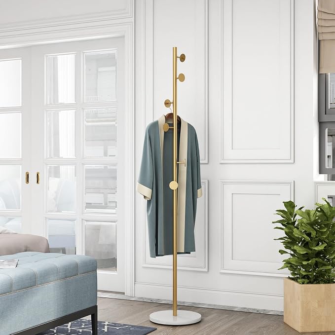 Gold Coat Racks with 7 Hooks, Branches Coat Tree Entryway, Freestanding | Modern Hat Rack, Easy to Assemble, Heavy Stable Marble Base
