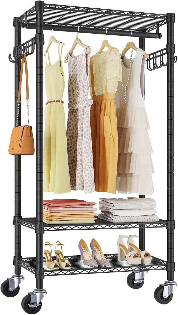 VIPEK R3 Medium Rolling Clothing Rack for Hanging Clothes Portable Closet | Lockable Wheels, Adjustable Wire Shelving/Side Hooks, 330lbs Space-Saving Storage, laundry cart with hanging rack, Black