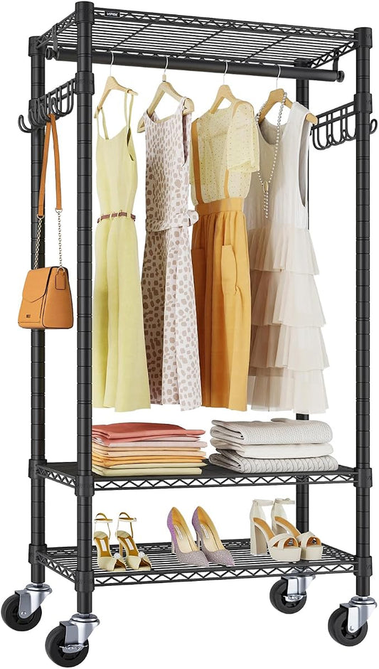 VIPEK R3 Medium Rolling Clothing Rack for Hanging Clothes Portable Closet | Lockable Wheels, Adjustable Wire Shelving/Side Hooks, 330lbs Space-Saving Storage, laundry cart with hanging rack, Black