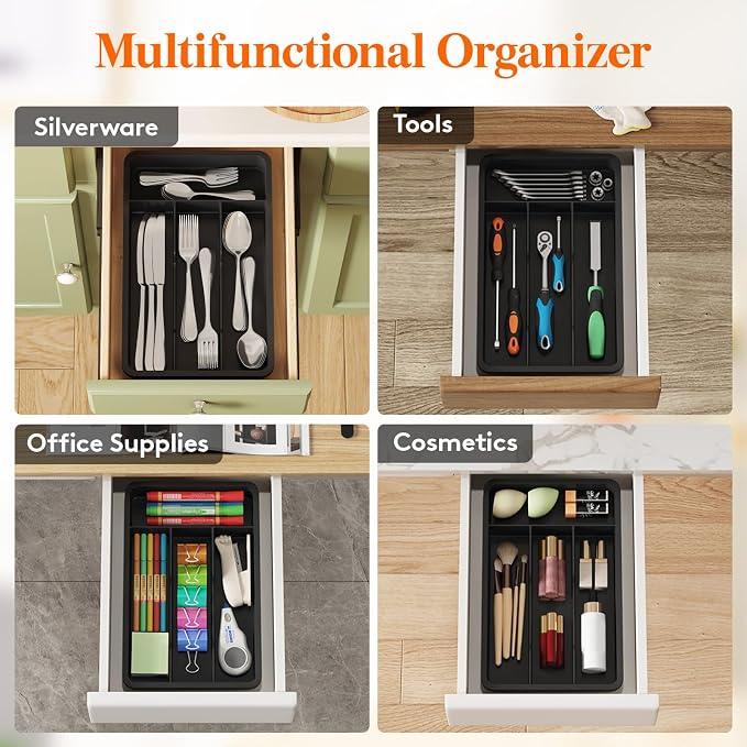 Lifewit Silverware Drawer Organizer Tray, Plastic Cutlery Storage for Kitchen, Flatware and Utensil Holder Divider for Spoons Forks Knives Tableware, 7.8 x 12.4", 4 Slots, Black