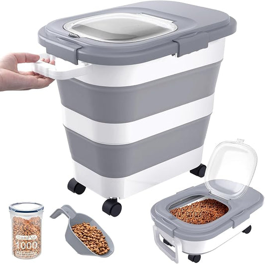 23-25Lbs Airtight Dog Food Storage Container,Collapsible Dog Food Container | Large Pet Food Storage Container with Lid,Wheels,Handle,Scoop,Small Cat Food Container for Dog Cat
