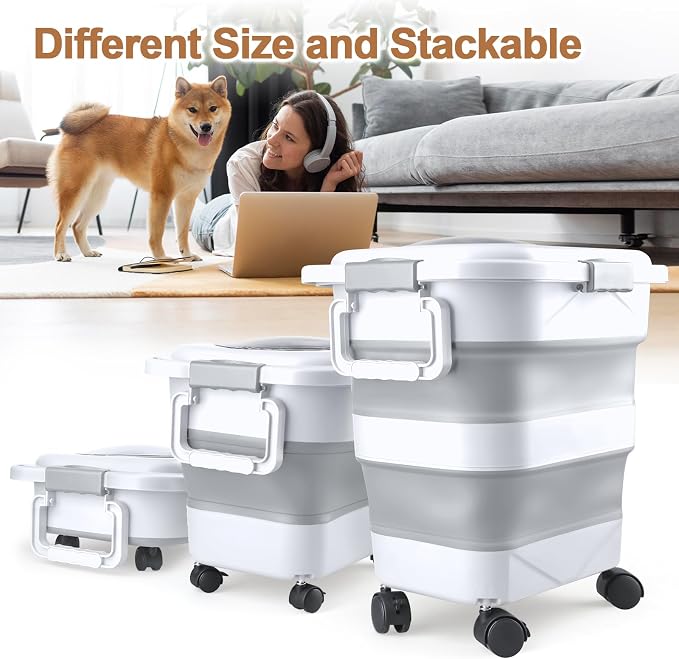 Dog Food Storage Container，10-25 lbs Airtight Collapsible Cat Food Storage Container with Attachable Wheels, Portable Handle, Dog Food Scoop for Dog Cat Bird Pet Dry Food Storage Bin Light Grey
