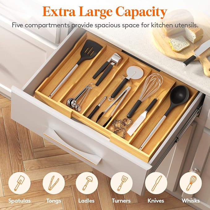 Lifewit Utensil Organizer for Kitchen Drawer, Expandable Cooking Utensil Tray, Cutlery Silverware Flatware Holder, Wood Adjustable Spatula Tools Storage Divider, 12.6-22.8x14/ 32-58x35.6cm, Natural