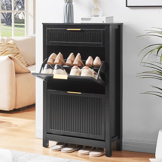 2-Flip Drawer Shoe Cabinet Narrow Entryway Rack, Black | Vertical Wood Grain, Metal Handles, Adjustable Compartments, Removable Shelf, Anti-Tip Device, for Hallway Foyer Entryway
