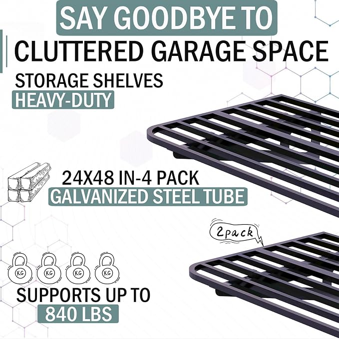 ZoffyFabrizio Garage Shelving Wall Mounted, 2-Pack 2x8ft Garages Shelving 24-inch-by-96-inch Wall Shelf Garage Storage Rack Floating Shelves, Space-Saving Black