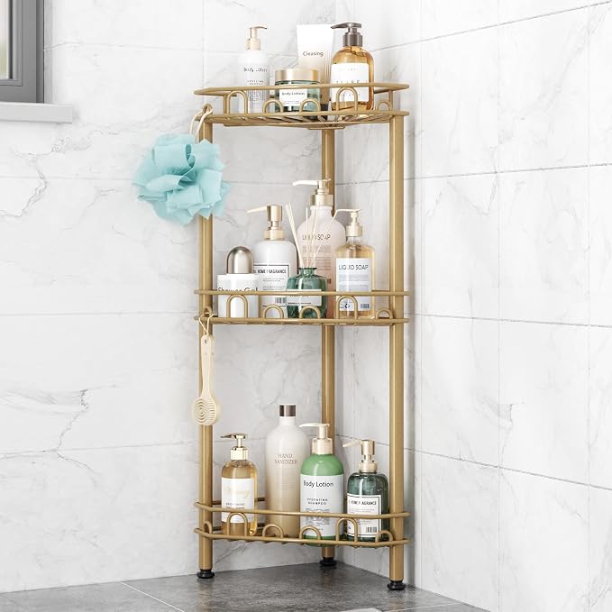 SWTYMIKI Standing Shower Caddy Corner - 3‑Tier Stainless Steel Shower Organizer Shelf with 12 Hooks and Adhesive Pads, Rustproof Corner Shelves Stand Rack for Bathroom Shower Room, Gold