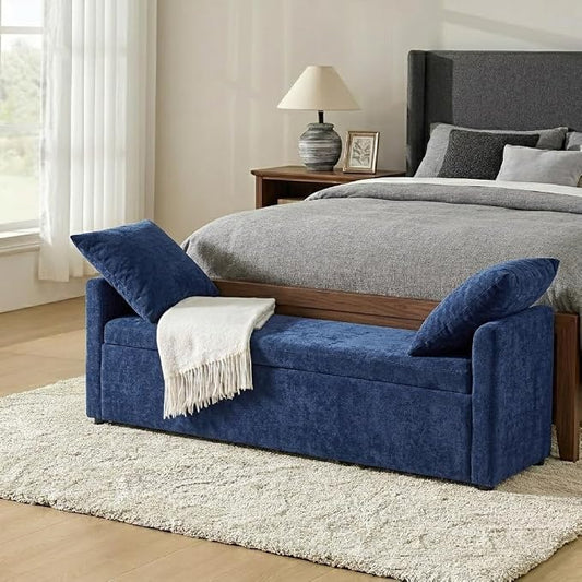 HULALA HOME 59" Storage Bench with 2 Throw Pillows & Armrests, Navy | Modern Long Bedroom Bench for End of Bed, Comfy Upholstered Fabric Footstool for Entryway Living Room