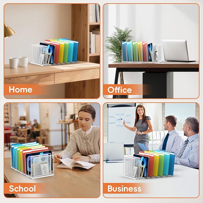 File Organizer For Desk, 7 Section Metal Desktop File Sorter, White | Desk file organizer, connectable 7 section design, 2.17 in spacing, vertical folder storage for home office and classroom