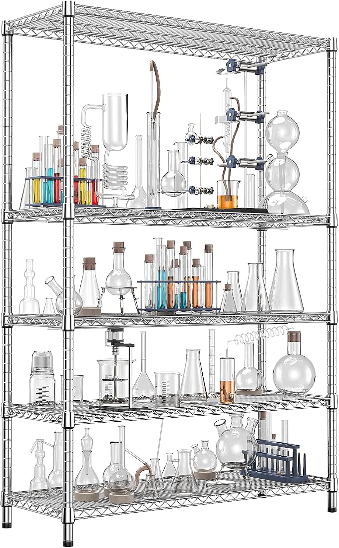 IZEUK 4250 LBS Garage Shelving Wide Storage Shelves 5 Tier Metal Shelves Heavy Duty Adjustable Utility Shelf Rack Chrome 17.7" D x 59.1" W x 70.4" H