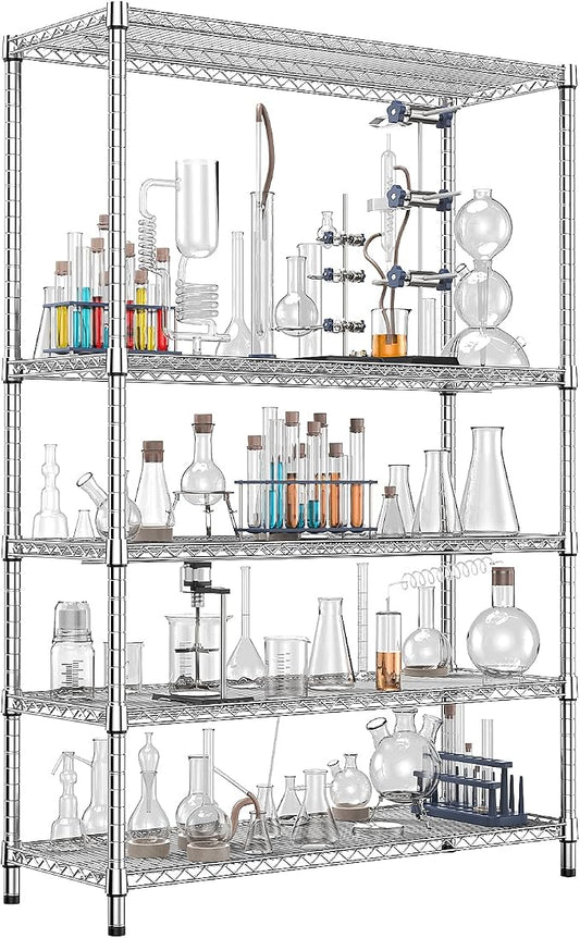 IZEUK 4250 LBS Garage Shelving Wide Storage Shelves 5 Tier Metal Shelves Heavy Duty Adjustable Utility Shelf Rack Chrome 17.7" D x 59.1" W x 70.4" H