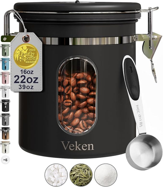 Veken Coffee Canister with Window, Airtight Stainless Steel Container, 16OZ | Kitchen Food Storage Pantry Organizers for Beans,Ground,Espresso,Rice,Tea,Sugar,Bar Accessories,Gifts,Lids,Jars, Scoop, Black