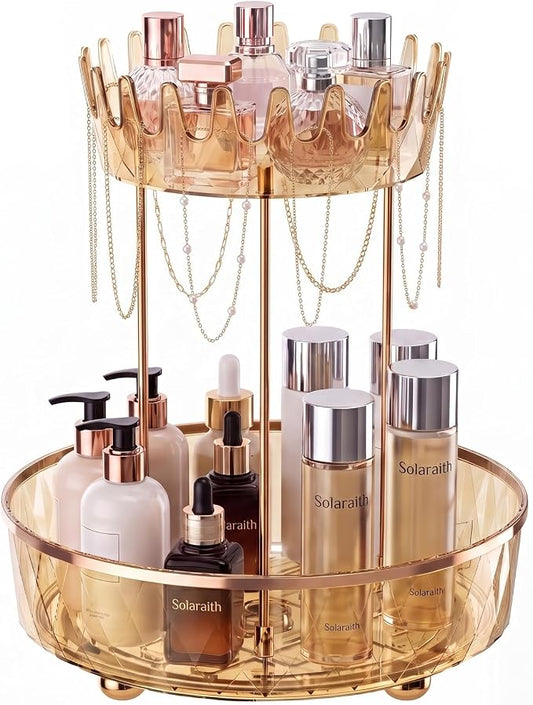 2 Tier Rotating Makeup Organizer for Vanity, Clear Bathroom Counter Organizer, Skincare Organizer and Perfume Organizer, Countertop Cosmetic Storage for Cabinet, Pantry and Kitchen (Gold)