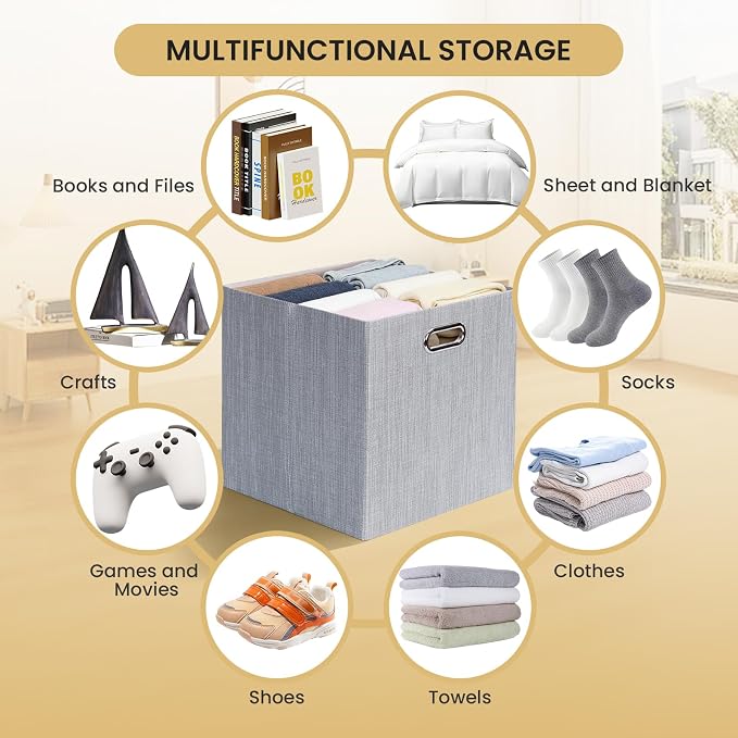 Posprica Storage Cubes, 12×12 Collapsible Storage Basket Bins,Heavy Duty Fabric Containers, 4pcs, Sliver Grey