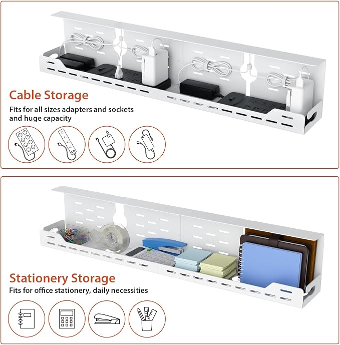 Univivi Under Desk Cable Management Tray, Cable Management, 32 inch, White | Durable Steel Material, Desk Cable Management with No-Drill C-Clamp and Screw Mount, Cord Management for Office/Home