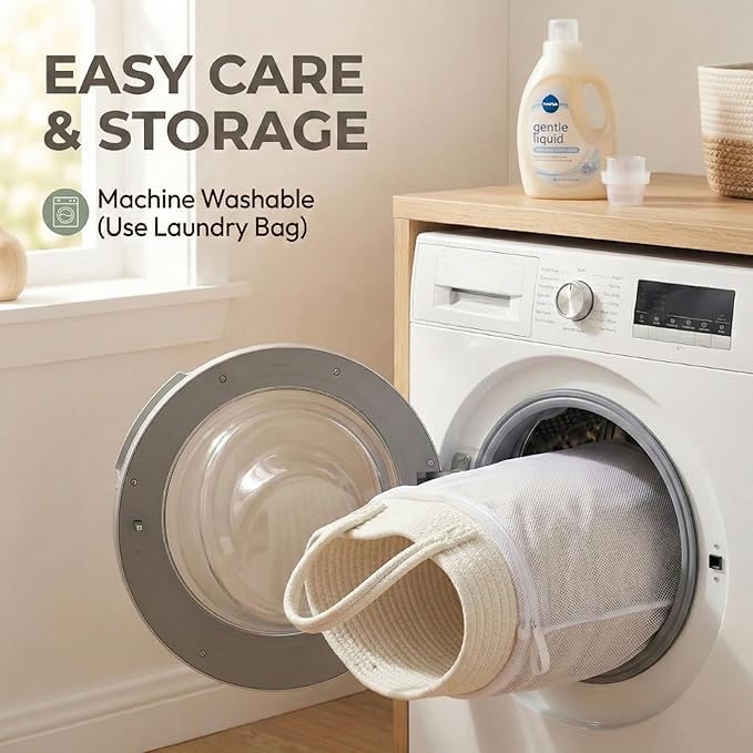 JMvicyroam 65L Extra Large Machine Washable Cotton Rope Blanket Basket | Collapsible laundry hamper, Reinforced handles, For blankets, pillows, toys and clothes, Living room and bedroom, White
