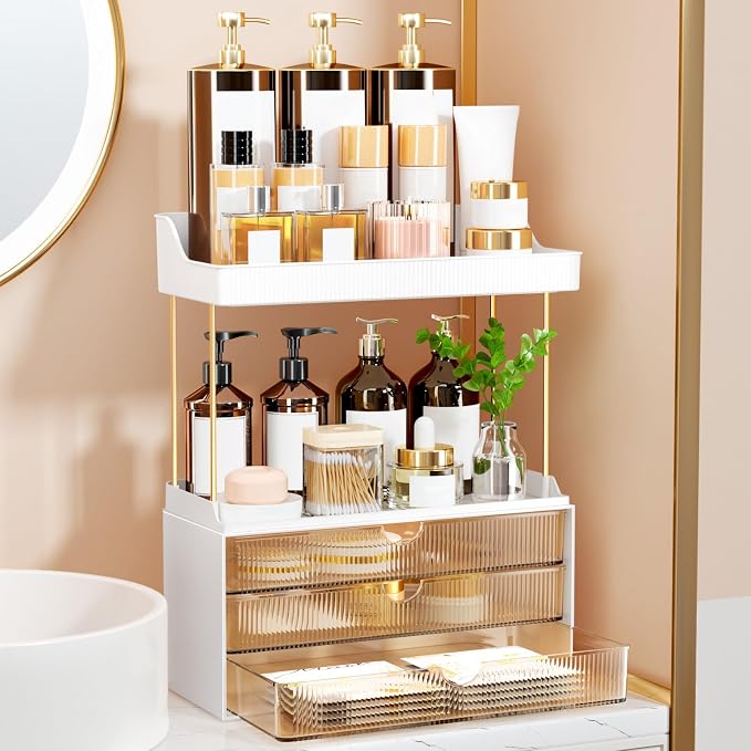 StorBin Arcylic 5-Tier Makeup & Skincare Organizer for Vanity, Bath | Smooth 3 drawers, clear body, gold frame, non-slip, for perfumes, serums, face masks, palettes, vanity & bath counter,Amber