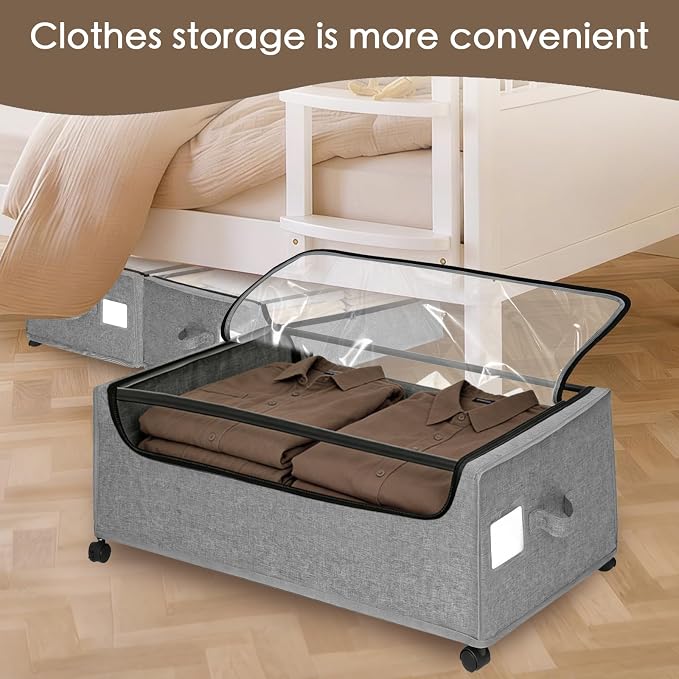 Under Bed Storage with Wheels, 4-Pack Under the Bed Storage Containers with Clear Lids & Label, Underbed Storage Bins, XXXL 85L 11 inches Rolling Metal Drawer for Clothes, Shoes, Toys, Books - Gray