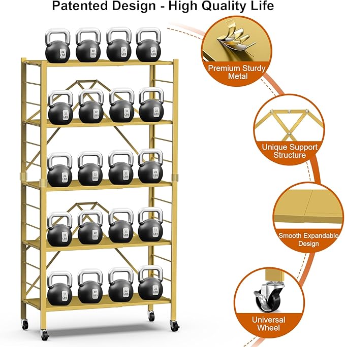 Himix 5-Tier Storage Shelf with Wheels Foldable Expandable Adjustable Gold