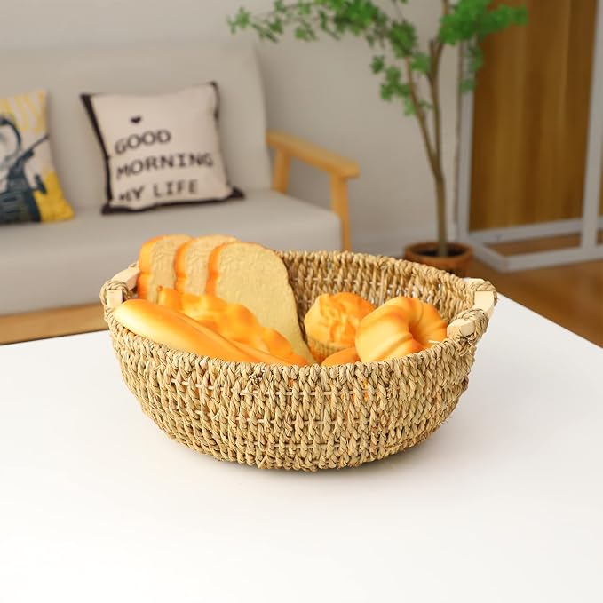 13.39" Seagrass Woven Round Basket with Wooden Handles, Handwoven Bread Basket & Fruit Bowl for Kitchen Counter, Natural Wicker Storage Basket for Bread, Vegetables, Household Organizing