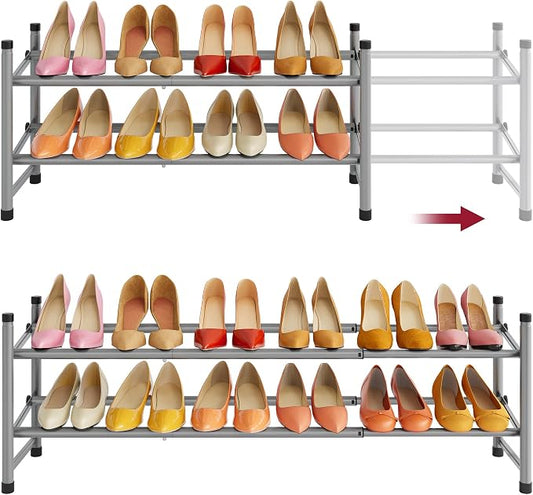 Expandable Shoe Rack for Closet 2 Tier, 28“-41“Stackable, Grey | Adjustable Shoe Organizer Closet Shoe Rack Floor, Metal Shoe Shelf Storage for Entryway, Closet, Garage, Front Door Entrance