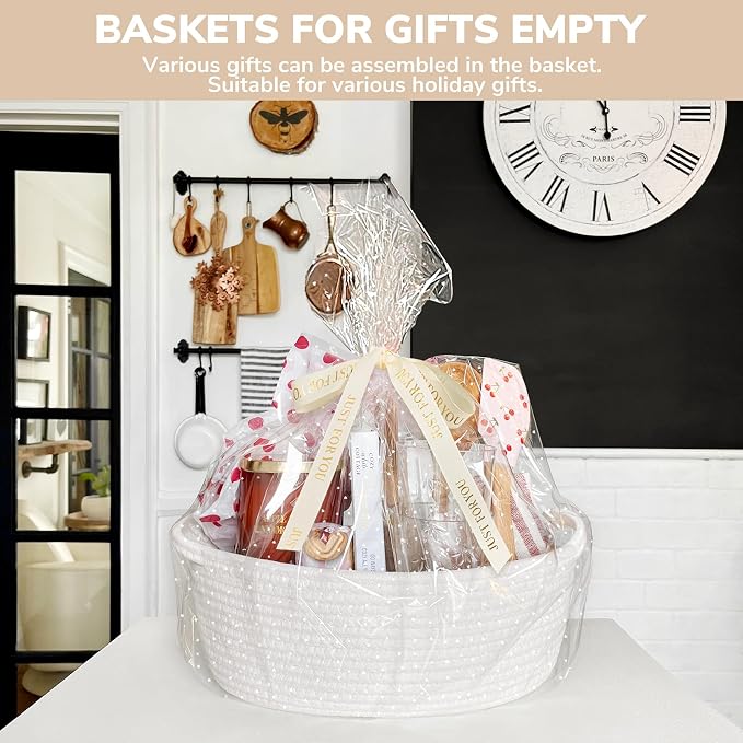 CHICVITA Woven Basket for Gifts with Bags & Ribbon, Dog Toy Basket, White | 12"x 8"x 5" Rope Gift Basket Empty to Fill for Baby Shower, Gift Basket for Organizing, Holiday Basket, Toy Storage for Kids