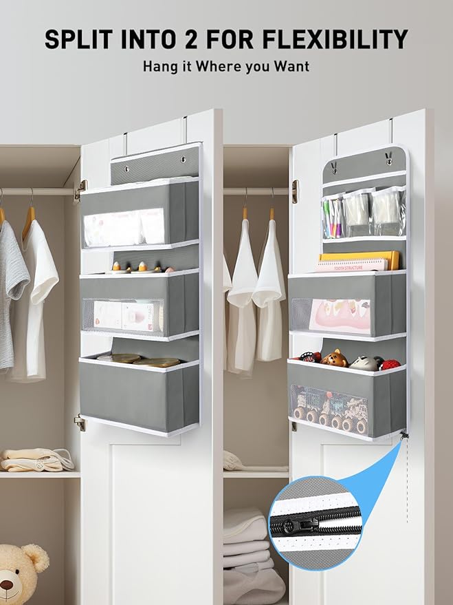 Yecaye Over the Door Storage Organizer for Nursery Closet 6 Tier Grey | 2 in 1 Swing-proof Hanging Bathroom Storage Organization, Bedroom Organizer and Storage for Newborn Baby Essentials