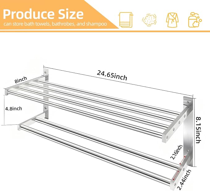Taaji Towel Racks for Bathroom 24 inch, 2 Tier with Towel Bars, Brushed | Stainless Steel Towel Rack with Shelf, Bathroom Shelf for Towels Storage, Wall Mounted