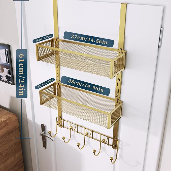 Consumest Over The Door Hooks Organizer - 3 Tier Door Hanger with 9 Coat Hooks & 2 Mesh Basket, Back Storage Organizer Hanging Towels for Bathroom, Bedroom, Gold