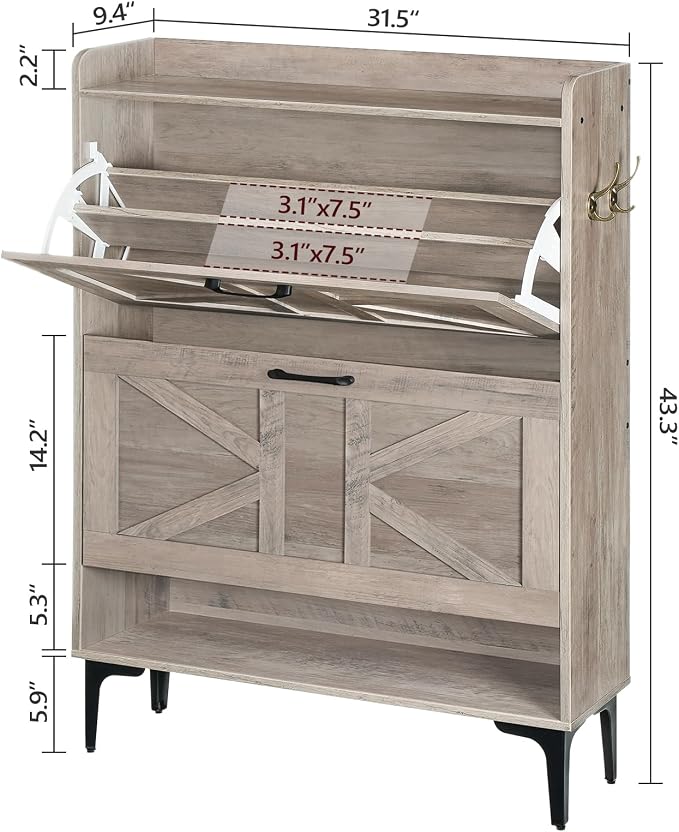 MAHANCRIS Shoe Storage Cabinet, Shoe Organizer with 2 Flip Drawers, Hidden Shoe Storage for Entryway, Freestanding Shoe Cabinet Organizer with Open Storages, Greige SHHG9401