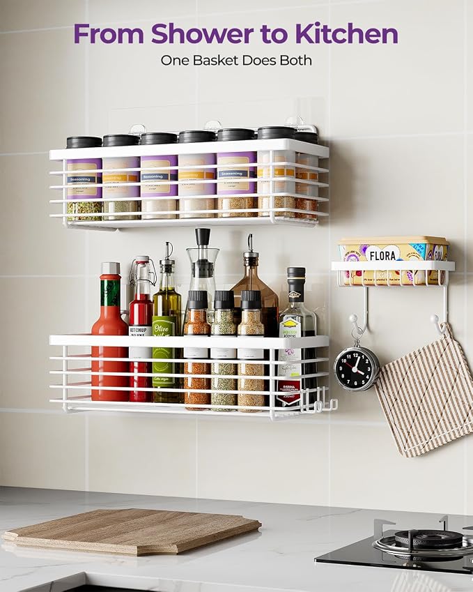 Shower Shelves Adhesive 3 Pack Stainless Steel Storage Organizers-White | No drilling wall mounted,rust-resistant,large capacity,quick drainage,easy to clean,suitable for bathrooms and kitchens
